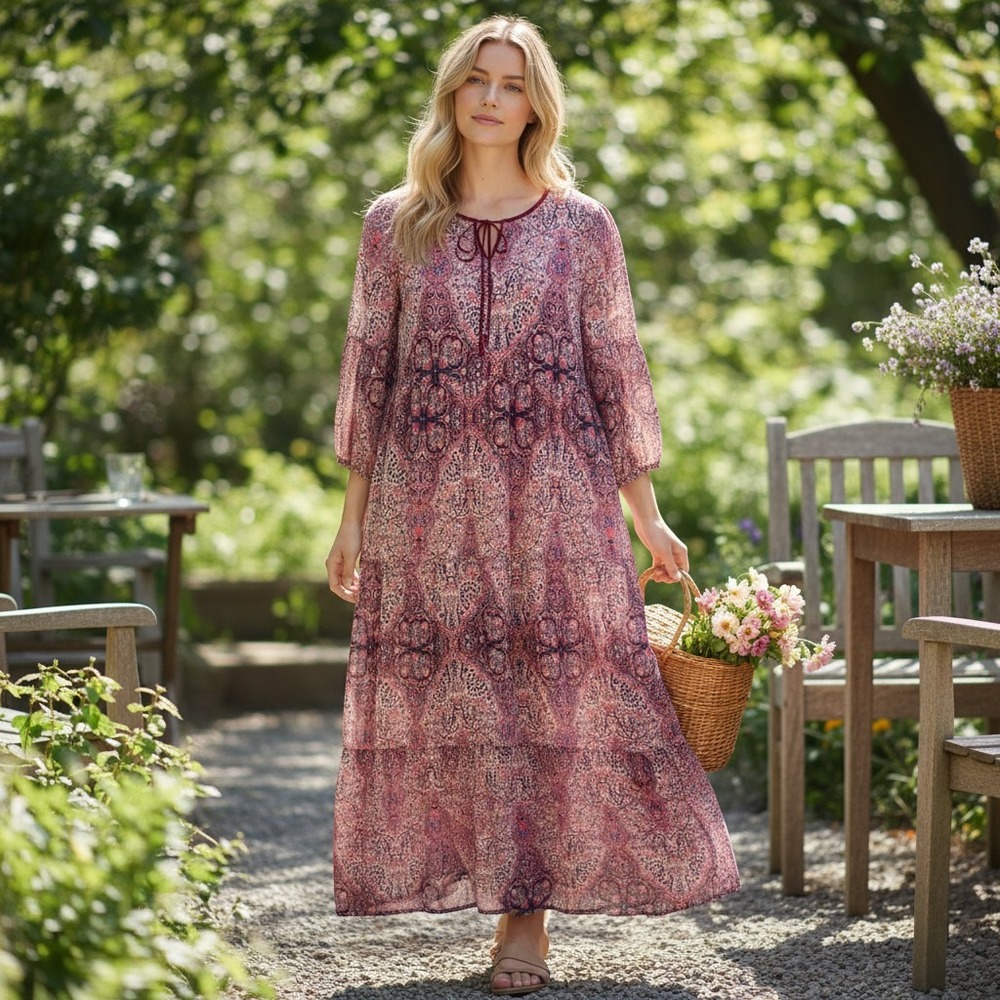 St John's Bay Maxi Dress Womens Size M Pink Paisley Tiered Boho‎ Cottage Peasant